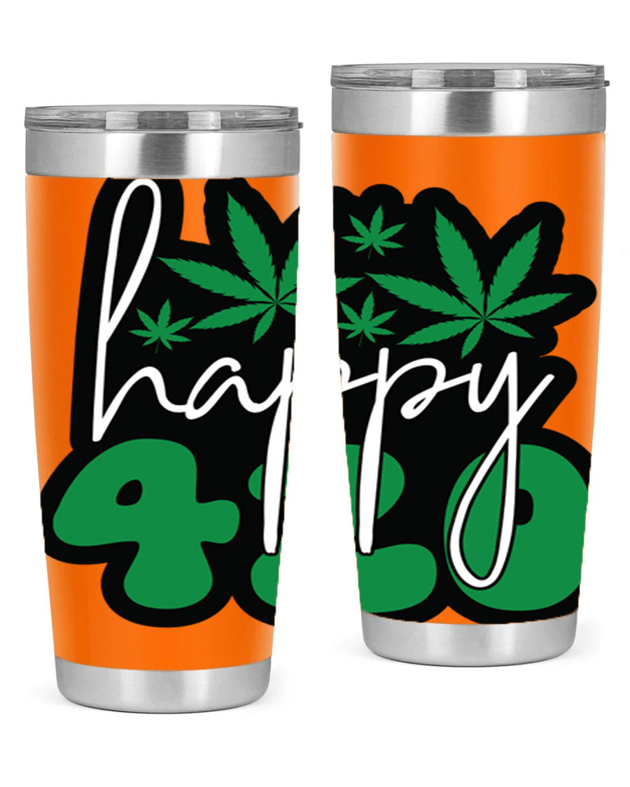 Happy 420 102# marijuana tumbler in stainless steel with vibrant design, showcasing its double wall vacuum insulation and drink-thru lid.