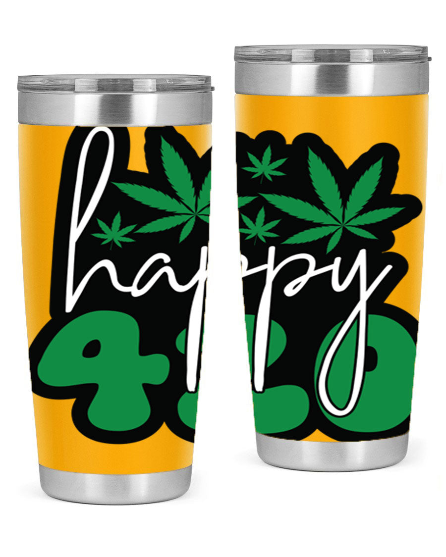 Happy 420 102# marijuana tumbler in stainless steel with vibrant design, showcasing its double wall vacuum insulation and drink-thru lid.