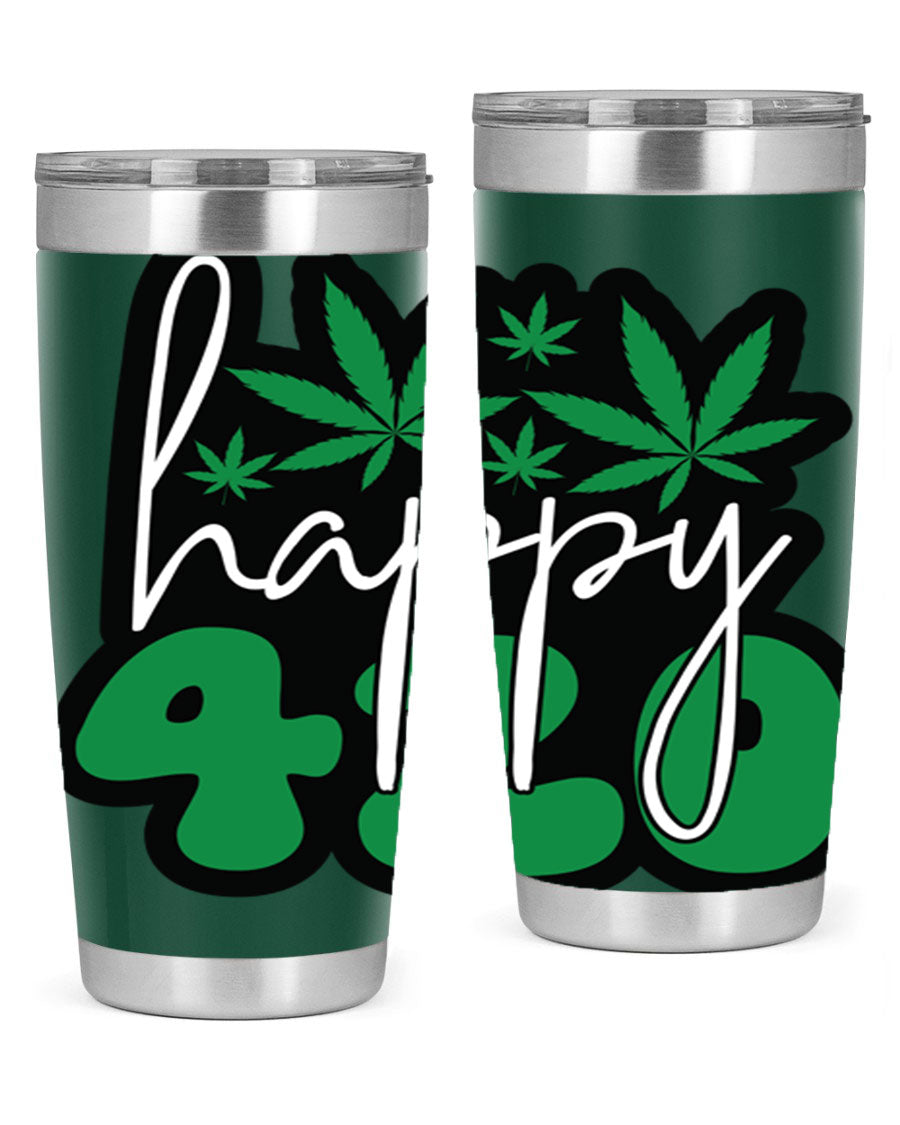 Happy 420 102# marijuana tumbler in stainless steel with vibrant design, showcasing its double wall vacuum insulation and drink-thru lid.