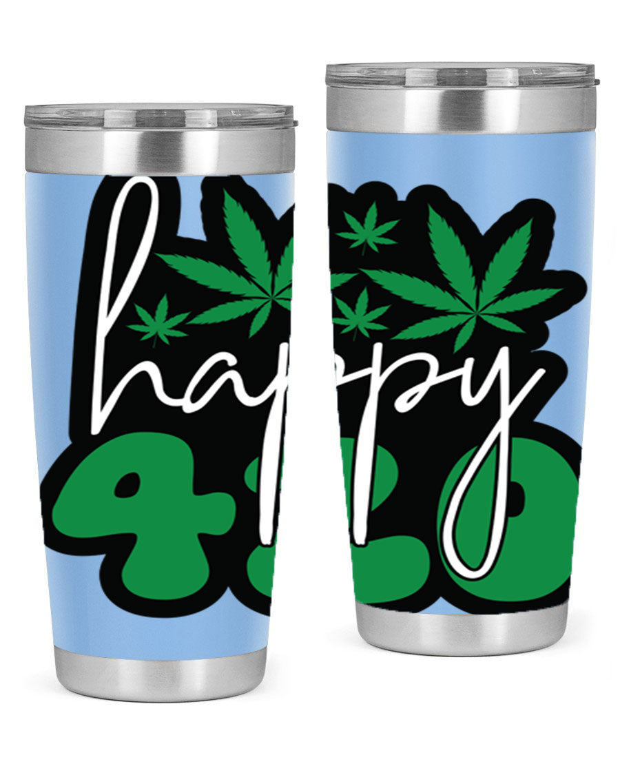 Happy 420 102# marijuana tumbler in stainless steel with vibrant design, showcasing its double wall vacuum insulation and drink-thru lid.