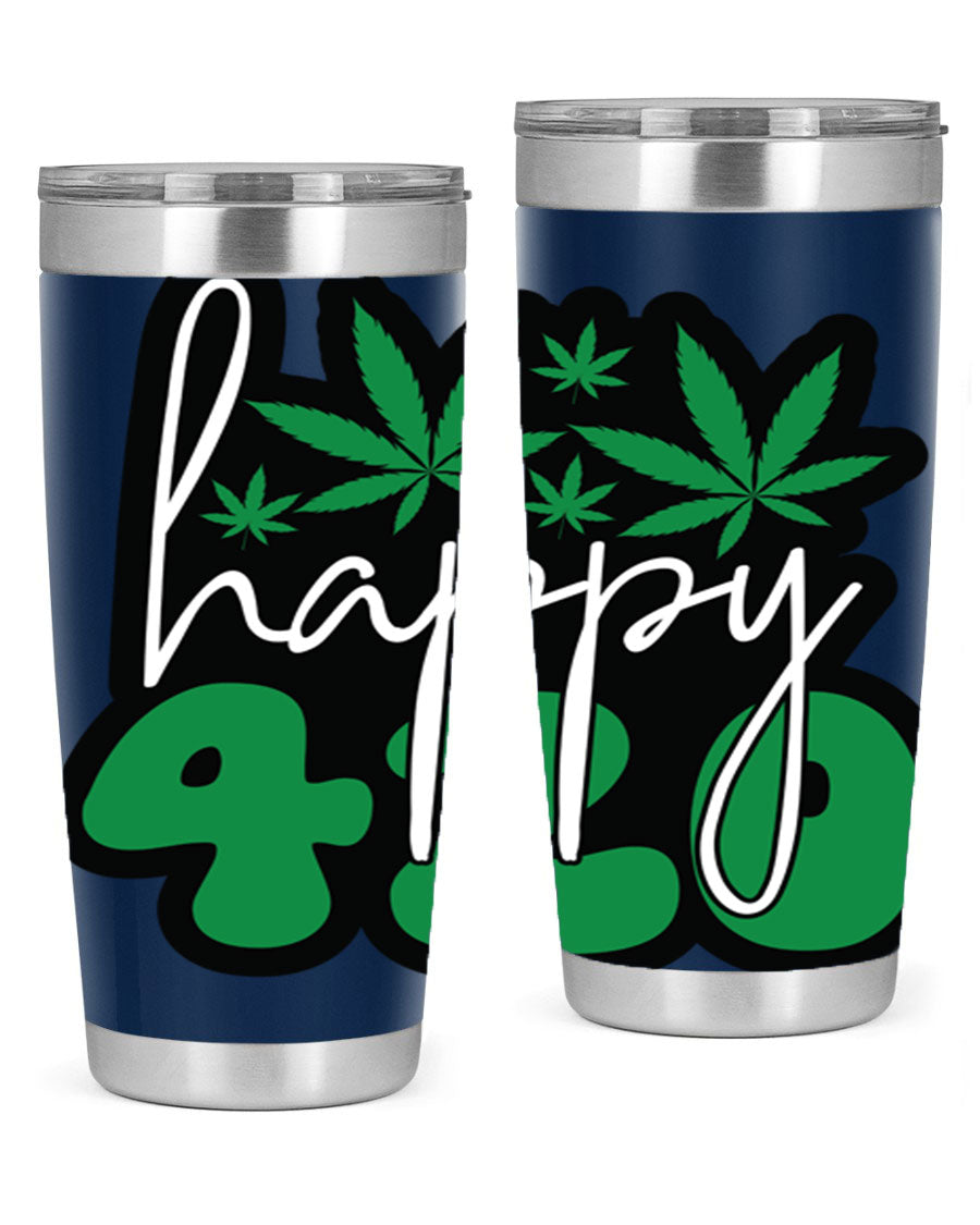 Happy 420 102# marijuana tumbler in stainless steel with vibrant design, showcasing its double wall vacuum insulation and drink-thru lid.