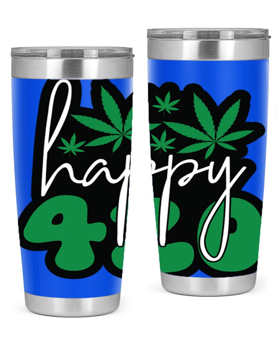 Happy 420 102# marijuana tumbler in stainless steel with vibrant design, showcasing its double wall vacuum insulation and drink-thru lid.