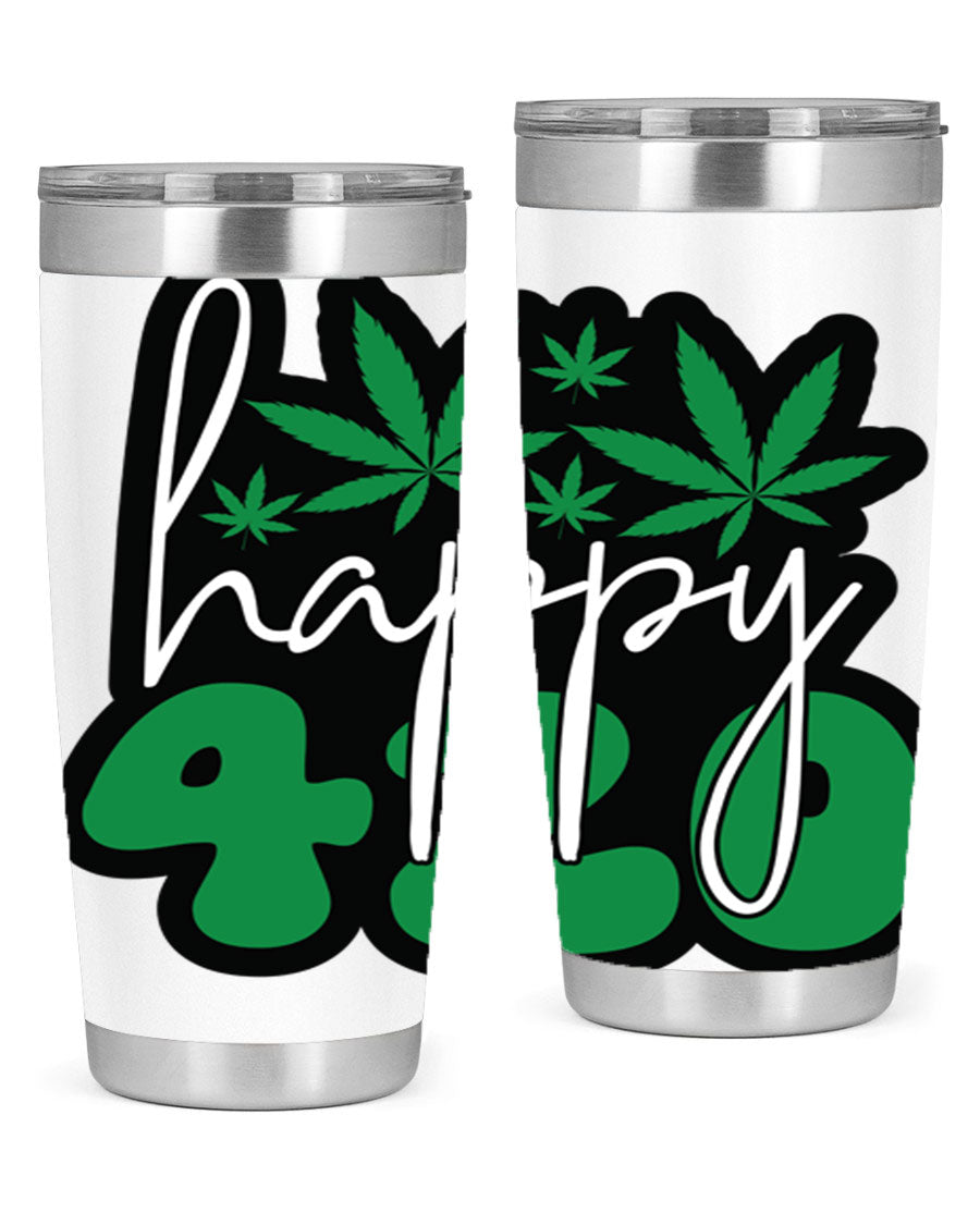 Happy 420 102# marijuana tumbler in stainless steel with vibrant design, showcasing its double wall vacuum insulation and drink-thru lid.