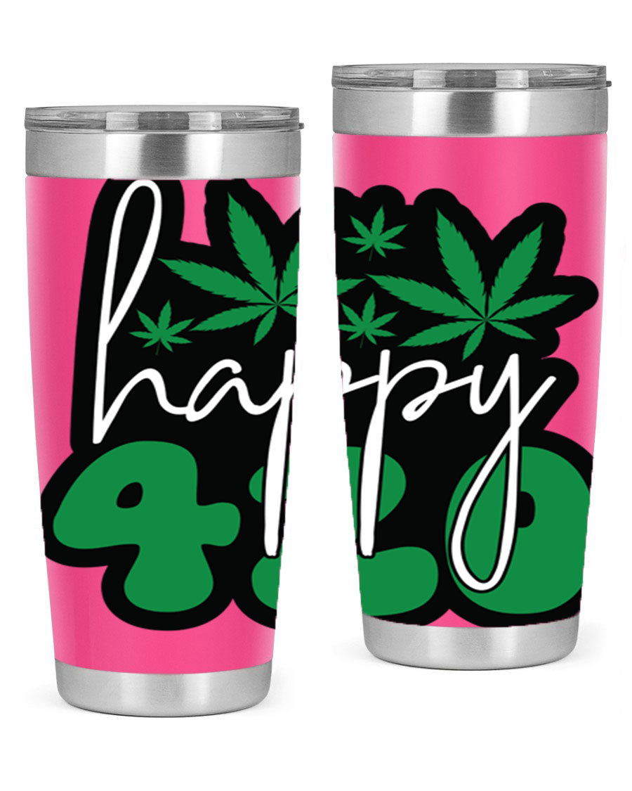 Happy 420 102# marijuana tumbler in stainless steel with vibrant design, showcasing its double wall vacuum insulation and drink-thru lid.