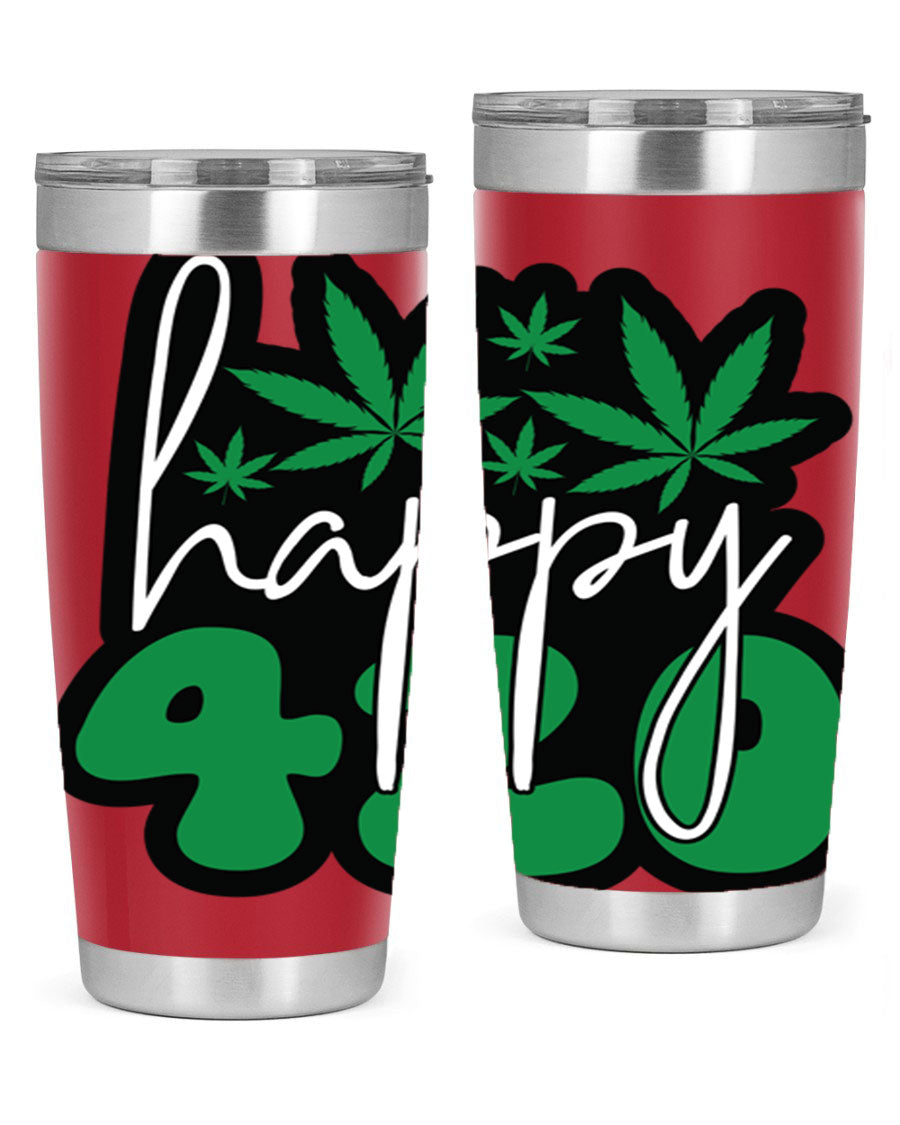 Happy 420 102# marijuana tumbler in stainless steel with vibrant design, showcasing its double wall vacuum insulation and drink-thru lid.