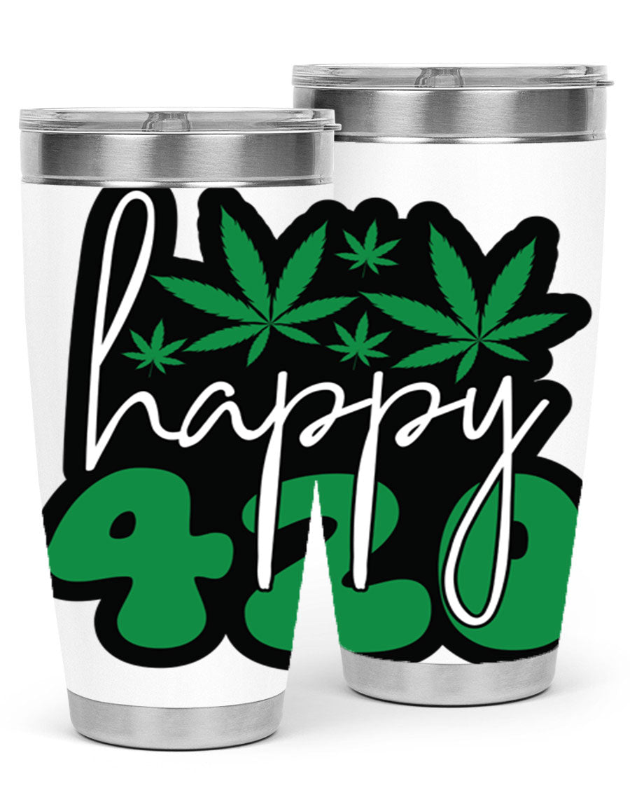 Happy 420 102# marijuana tumbler in stainless steel with vibrant design, showcasing its double wall vacuum insulation and drink-thru lid.