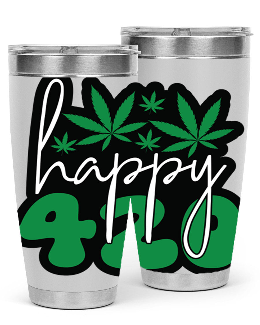 Happy 420 102# marijuana tumbler in stainless steel with vibrant design, showcasing its double wall vacuum insulation and drink-thru lid.