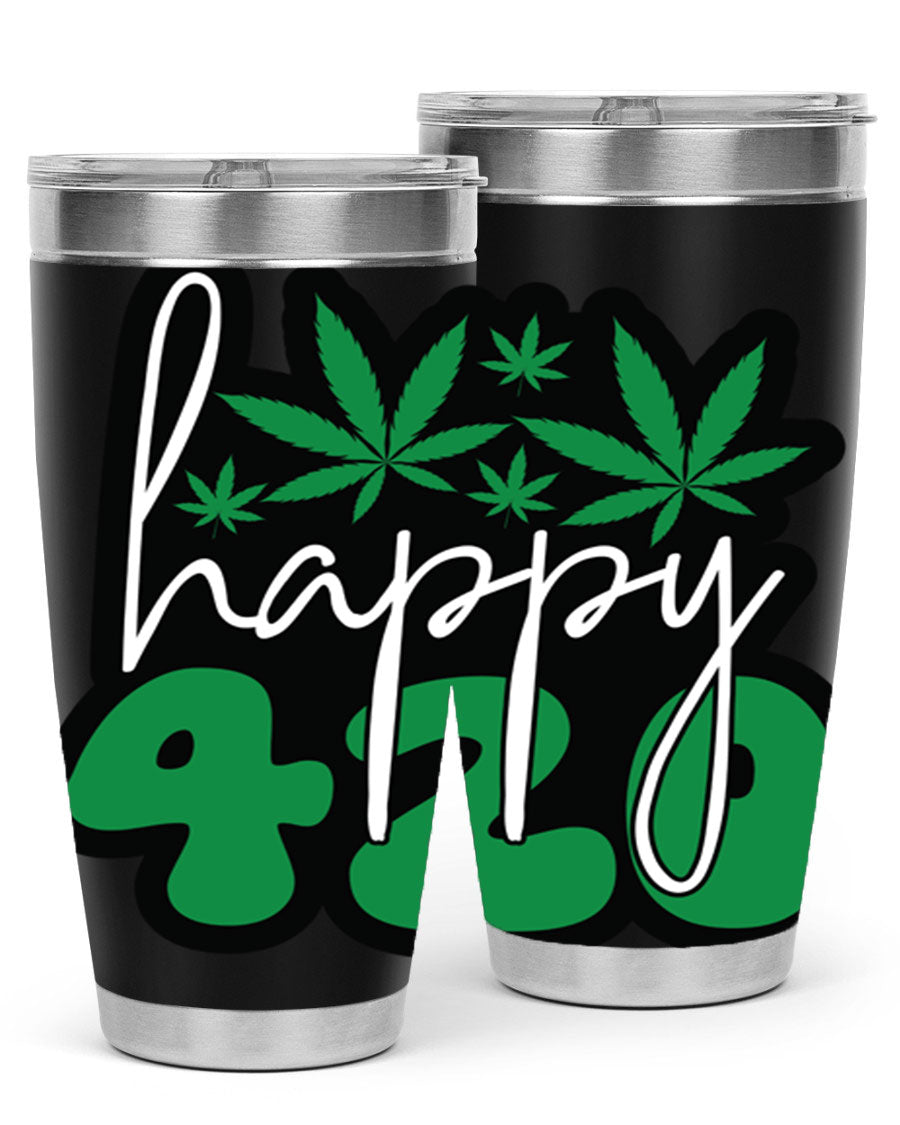 Happy 420 102# marijuana tumbler in stainless steel with vibrant design, showcasing its double wall vacuum insulation and drink-thru lid.