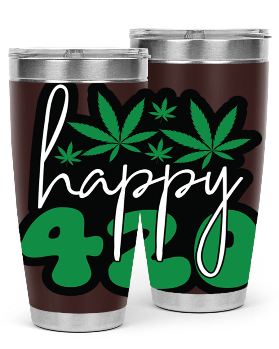 Happy 420 102# marijuana tumbler in stainless steel with vibrant design, showcasing its double wall vacuum insulation and drink-thru lid.
