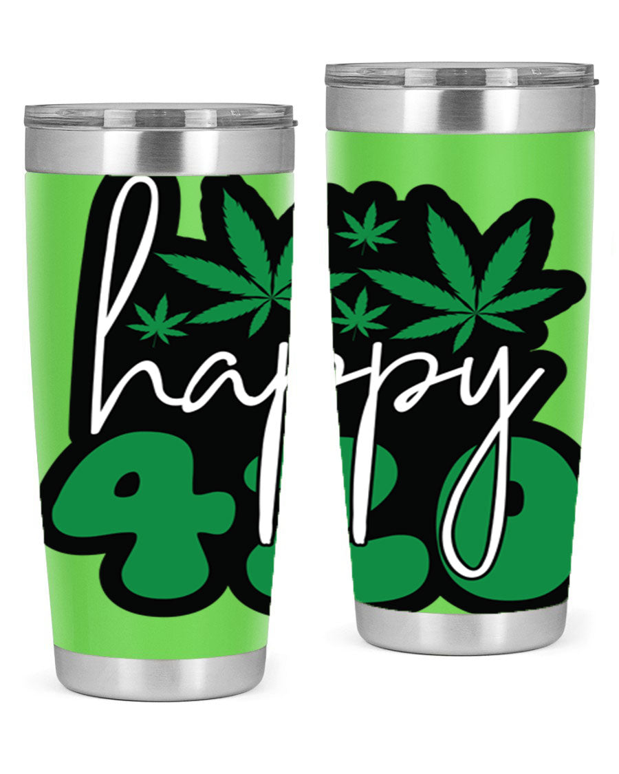 Happy 420 102# marijuana tumbler in stainless steel with vibrant design, showcasing its double wall vacuum insulation and drink-thru lid.