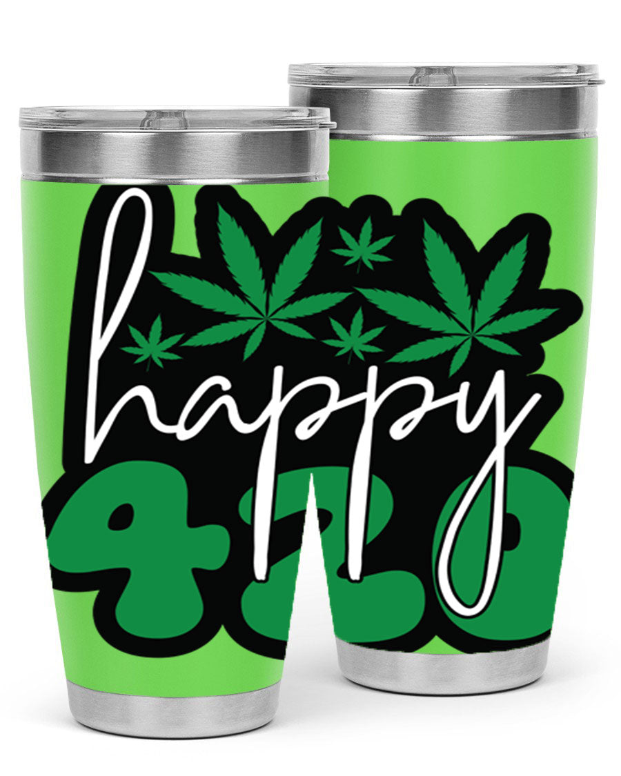 Happy 420 102# marijuana tumbler in stainless steel with vibrant design, showcasing its double wall vacuum insulation and drink-thru lid.