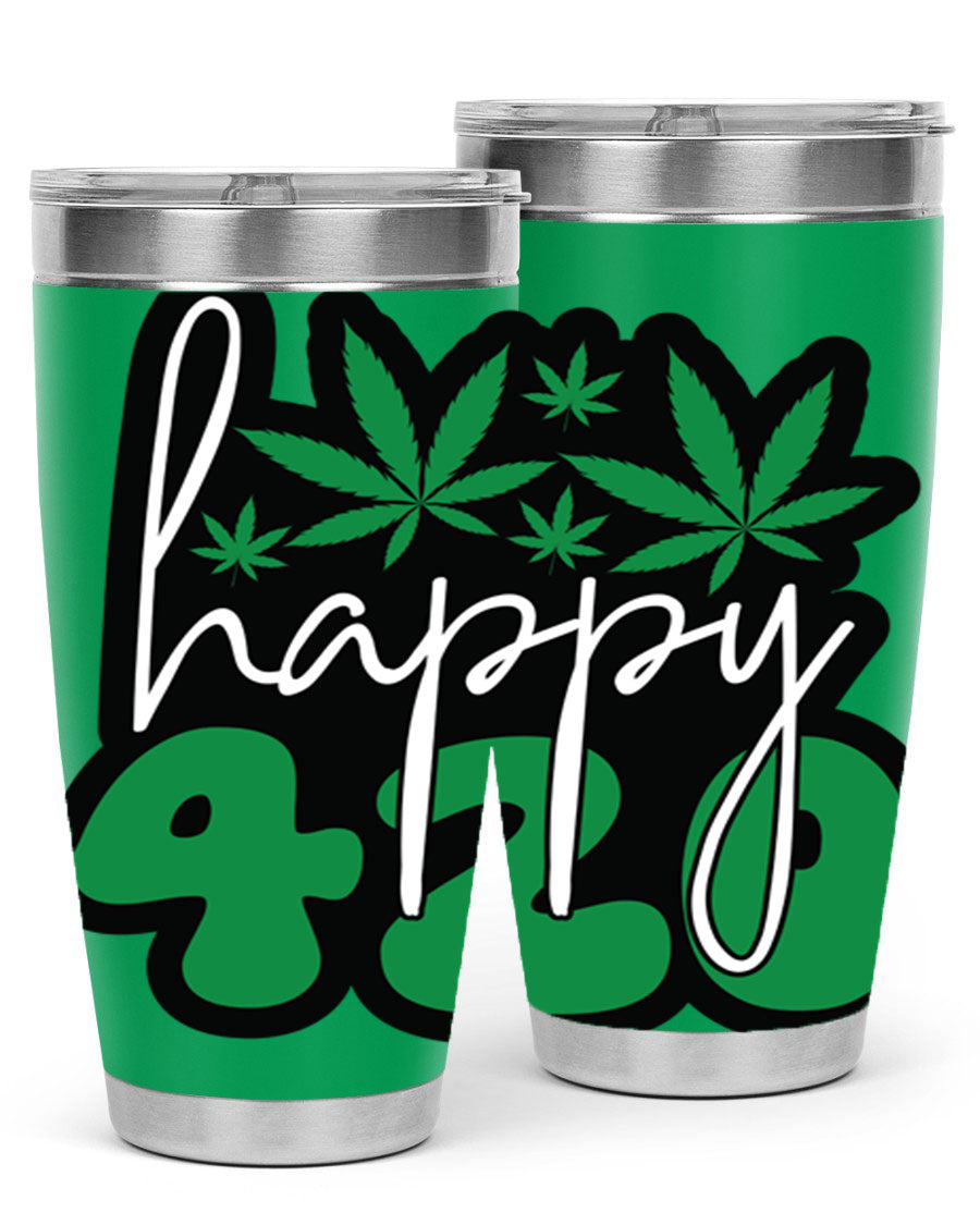 Happy 420 102# marijuana tumbler in stainless steel with vibrant design, showcasing its double wall vacuum insulation and drink-thru lid.