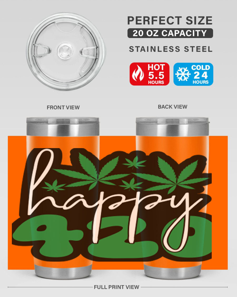 Happy 420 102# marijuana tumbler in stainless steel with vibrant design, showcasing its double wall vacuum insulation and drink-thru lid.