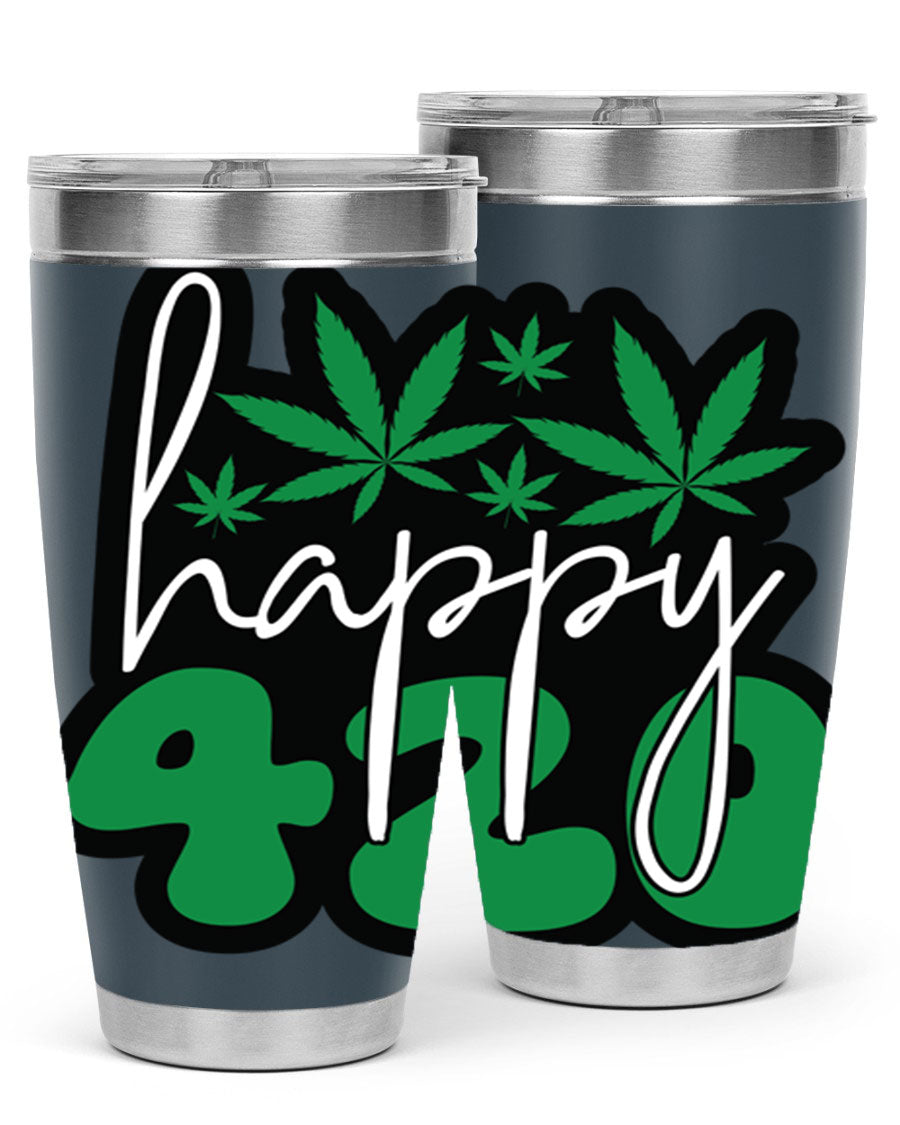 Happy 420 102# marijuana tumbler in stainless steel with vibrant design, showcasing its double wall vacuum insulation and drink-thru lid.