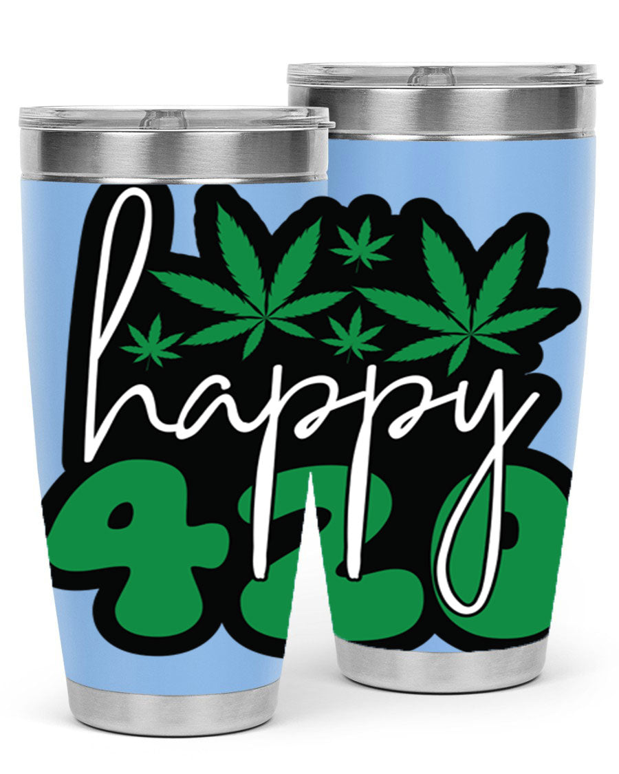 Happy 420 102# marijuana tumbler in stainless steel with vibrant design, showcasing its double wall vacuum insulation and drink-thru lid.