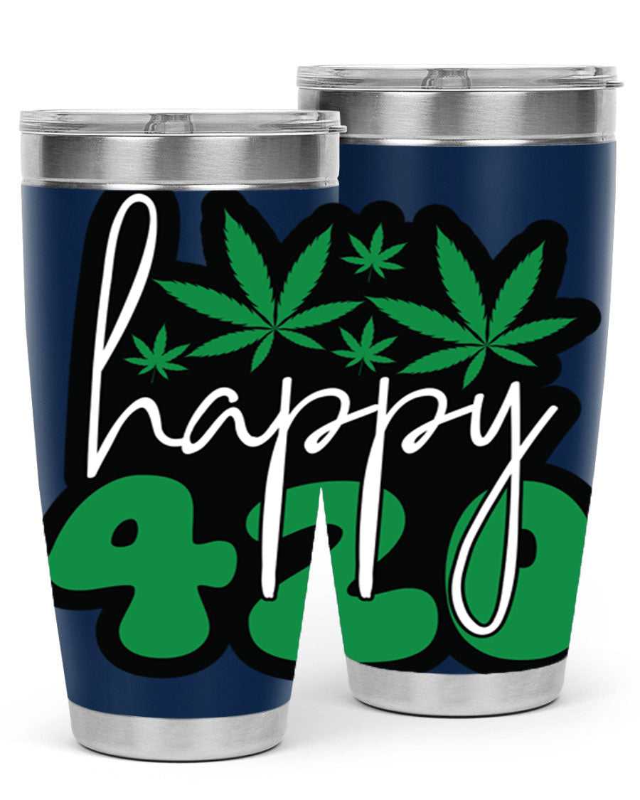 Happy 420 102# marijuana tumbler in stainless steel with vibrant design, showcasing its double wall vacuum insulation and drink-thru lid.