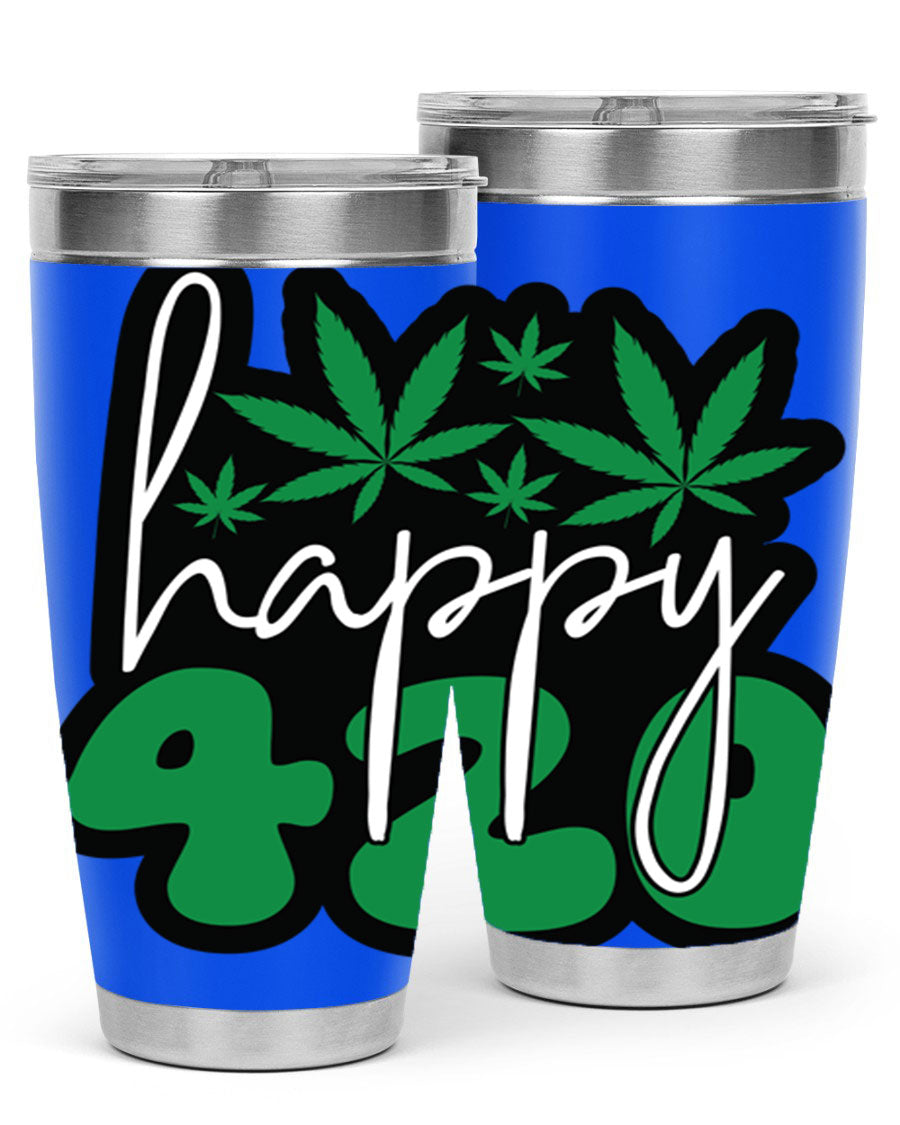 Happy 420 102# marijuana tumbler in stainless steel with vibrant design, showcasing its double wall vacuum insulation and drink-thru lid.
