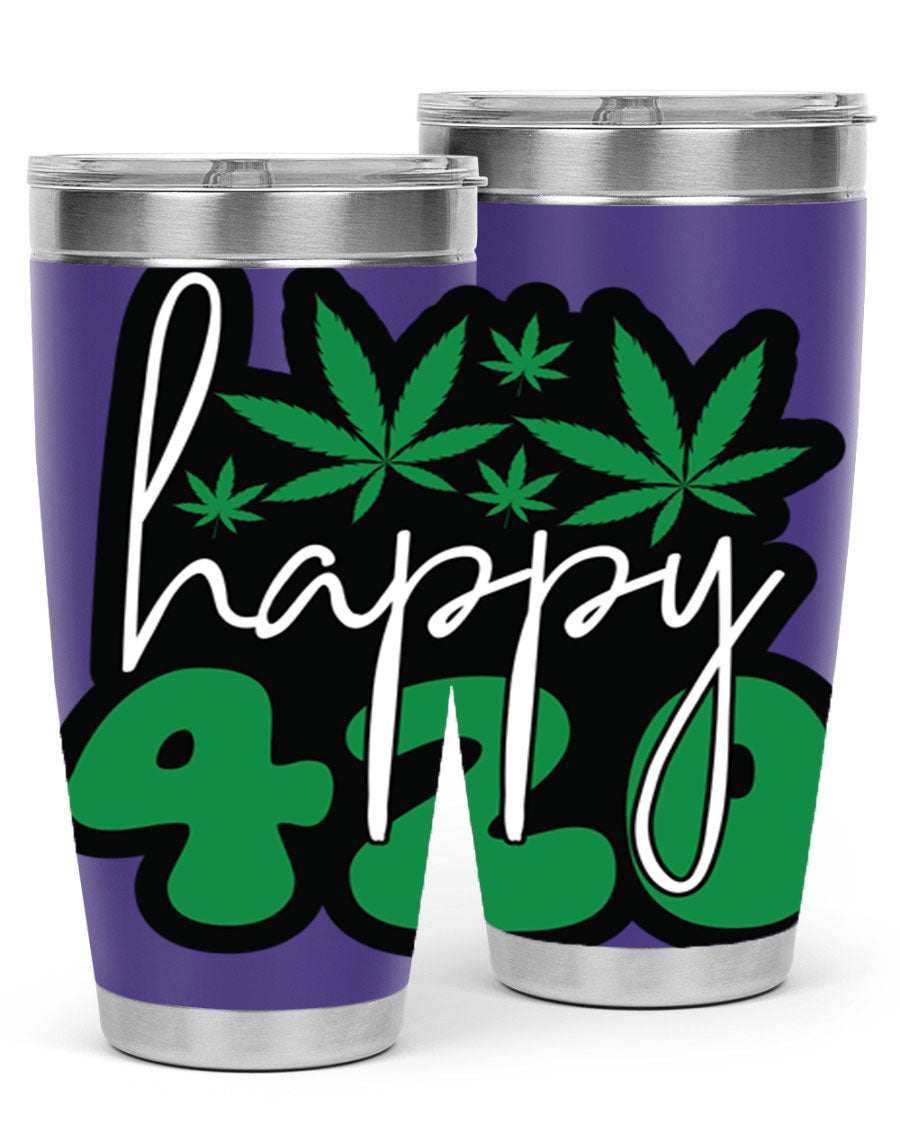 Happy 420 102# marijuana tumbler in stainless steel with vibrant design, showcasing its double wall vacuum insulation and drink-thru lid.