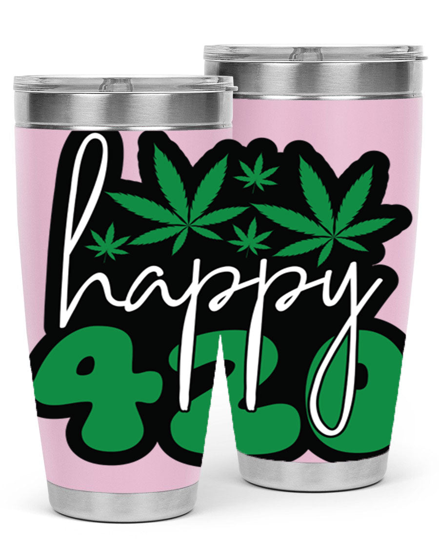 Happy 420 102# marijuana tumbler in stainless steel with vibrant design, showcasing its double wall vacuum insulation and drink-thru lid.