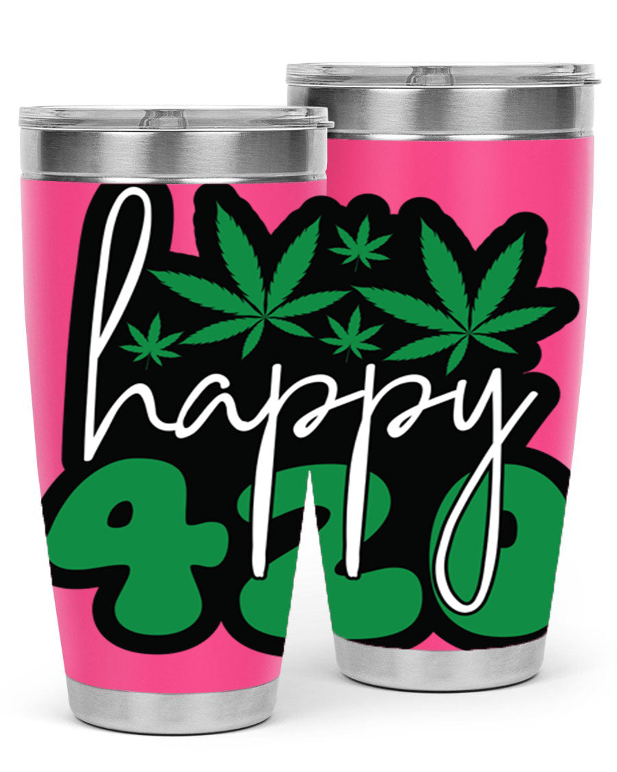 Happy 420 102# marijuana tumbler in stainless steel with vibrant design, showcasing its double wall vacuum insulation and drink-thru lid.
