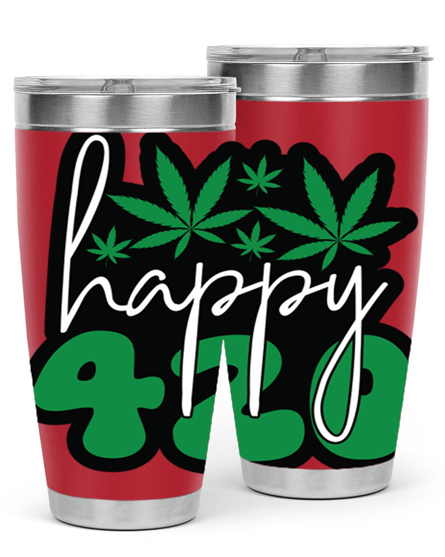 Happy 420 102# marijuana tumbler in stainless steel with vibrant design, showcasing its double wall vacuum insulation and drink-thru lid.
