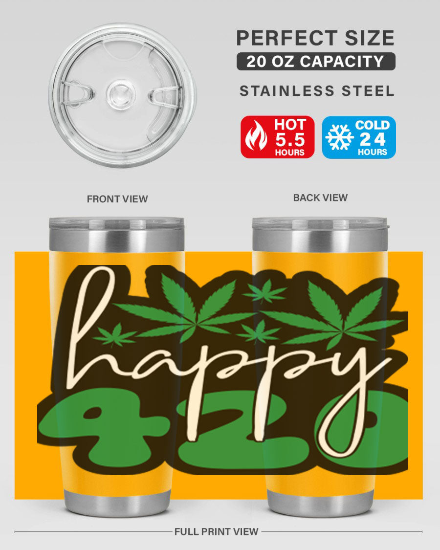 Happy 420 102# marijuana tumbler in stainless steel with vibrant design, showcasing its double wall vacuum insulation and drink-thru lid.