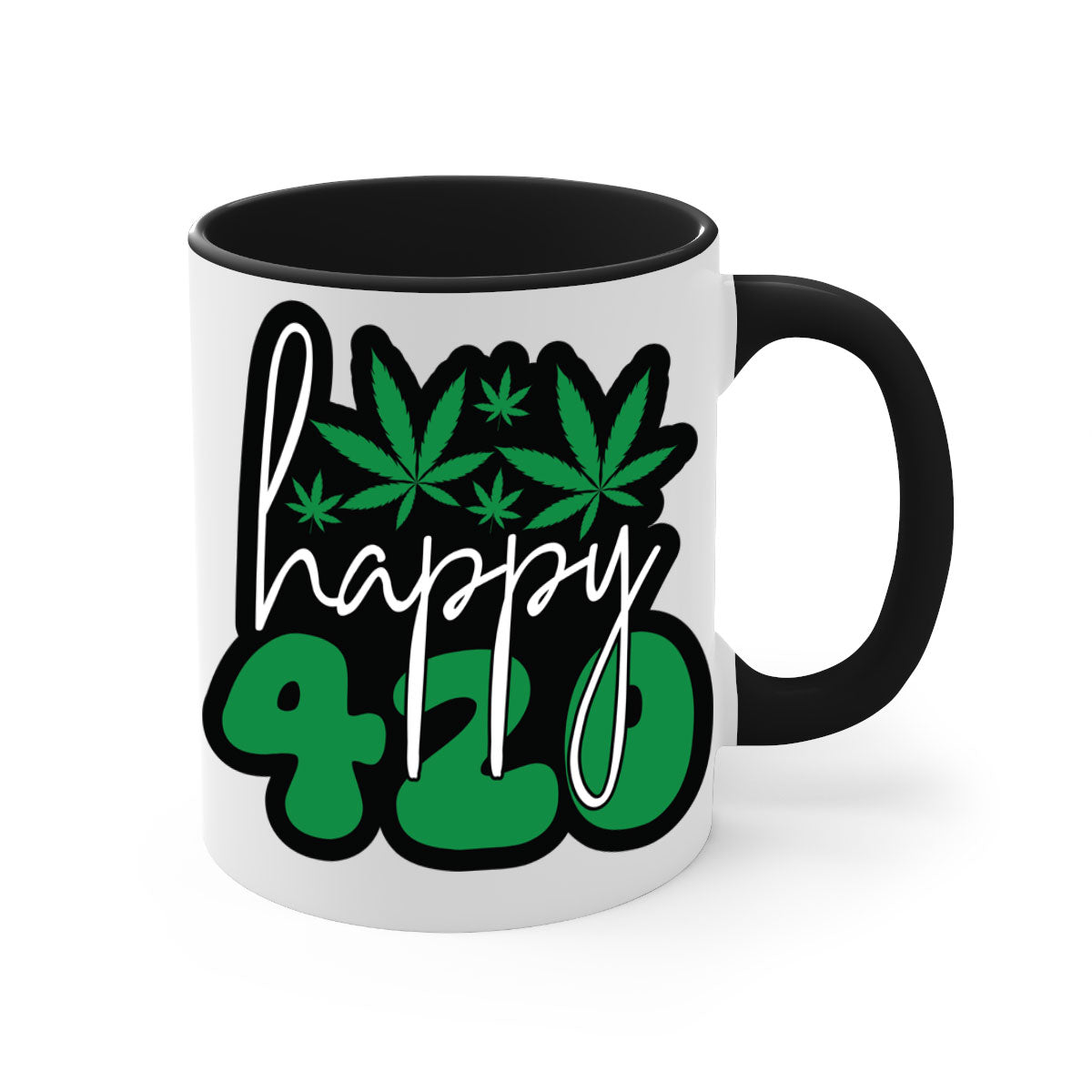Happy 420 102# marijuana mug with colorful handle and glossy finish, available in multiple colors and sizes.
