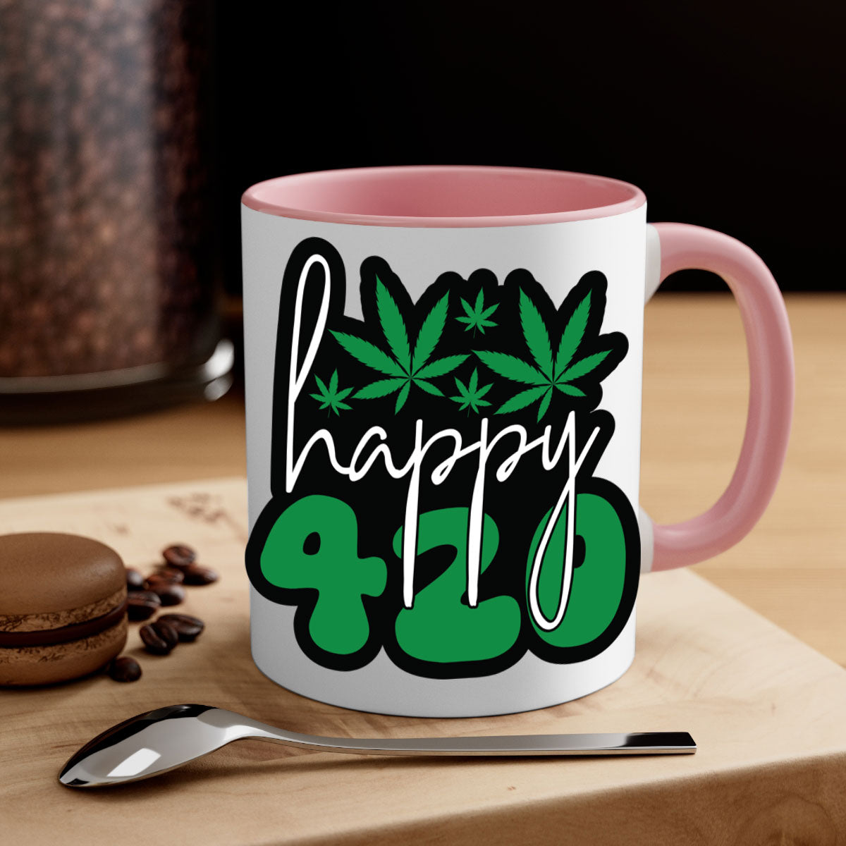 Happy 420 102# marijuana mug with colorful handle and glossy finish, available in multiple colors and sizes.