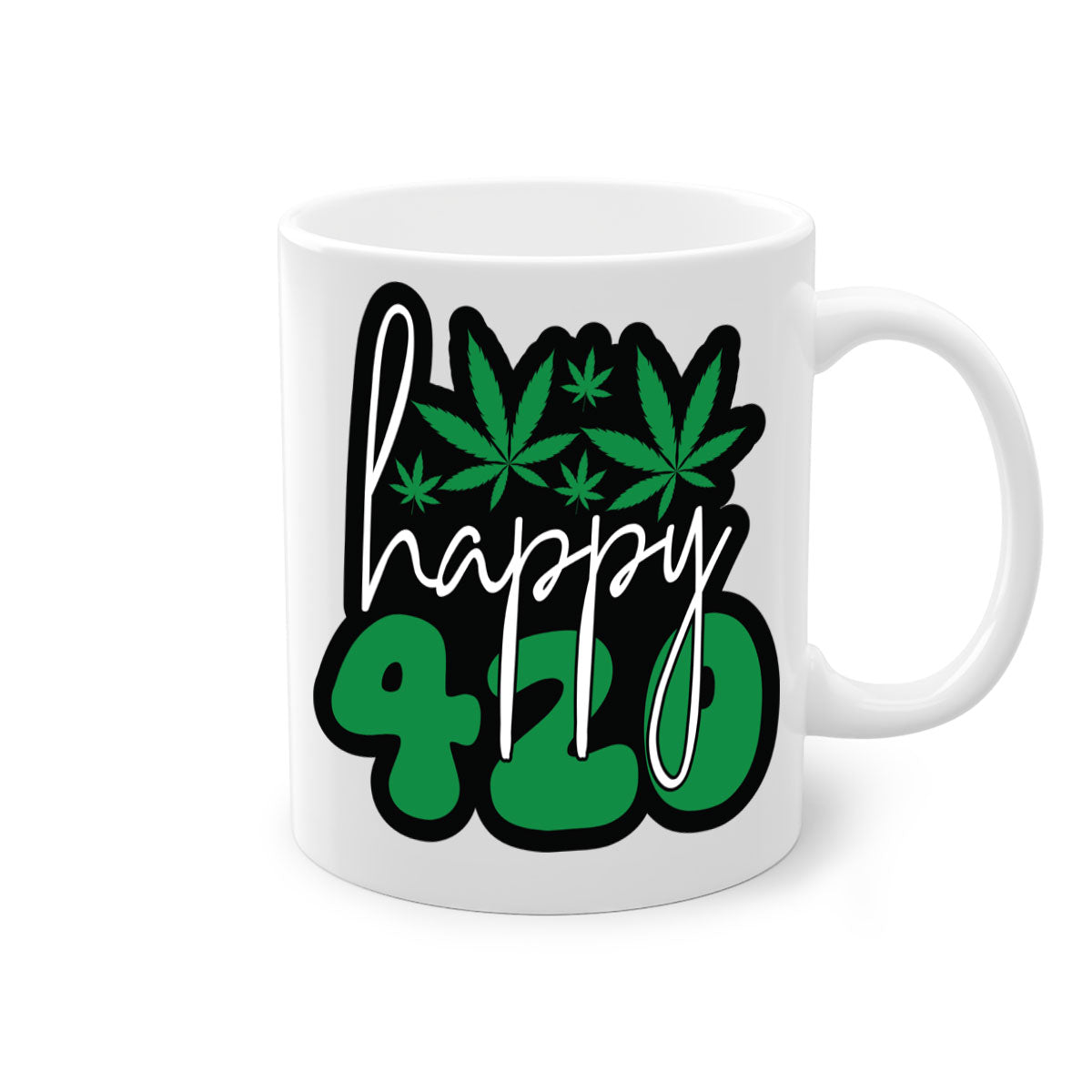 Happy 420 102# marijuana mug with colorful handle and glossy finish, available in multiple colors and sizes.