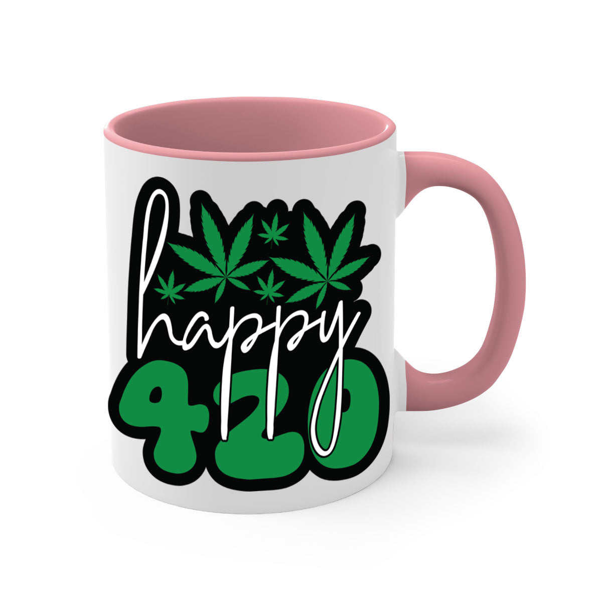 Happy 420 102# marijuana mug with colorful handle and glossy finish, available in multiple colors and sizes.