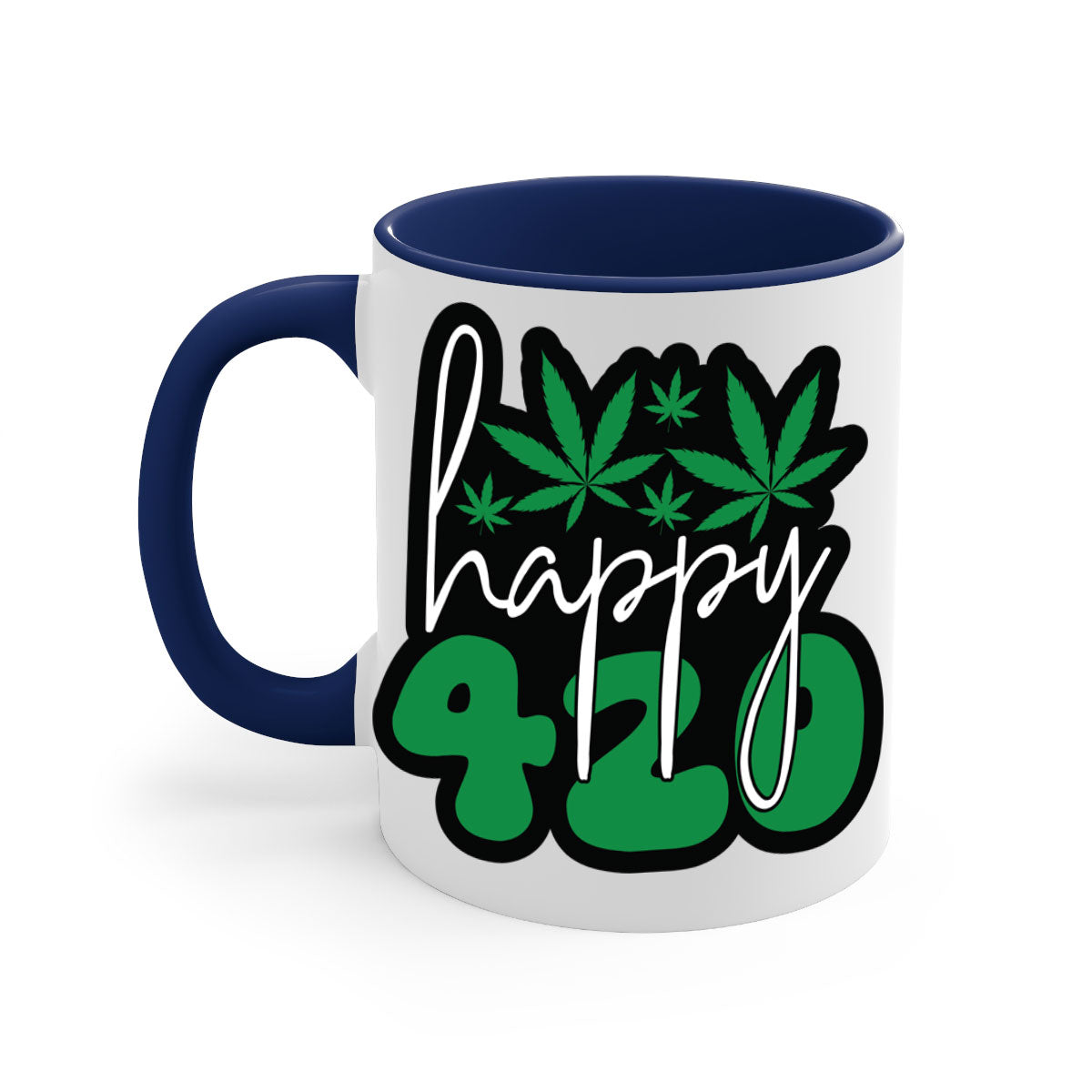 Happy 420 102# marijuana mug with colorful handle and glossy finish, available in multiple colors and sizes.