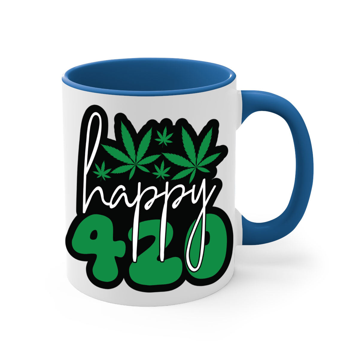 Happy 420 102# marijuana mug with colorful handle and glossy finish, available in multiple colors and sizes.