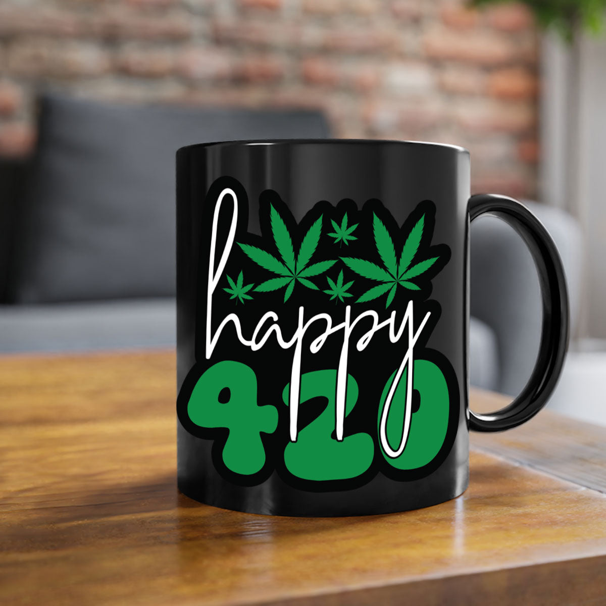 Happy 420 102# marijuana mug with colorful handle and glossy finish, available in multiple colors and sizes.