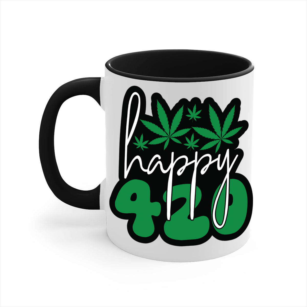 Happy 420 102# marijuana mug with colorful handle and glossy finish, available in multiple colors and sizes.