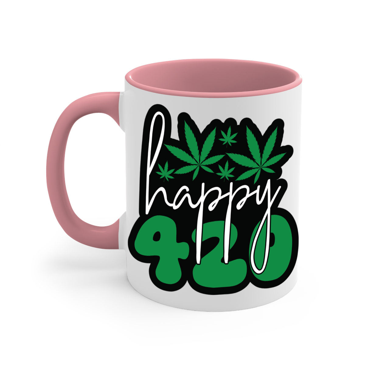 Happy 420 102# marijuana mug with colorful handle and glossy finish, available in multiple colors and sizes.