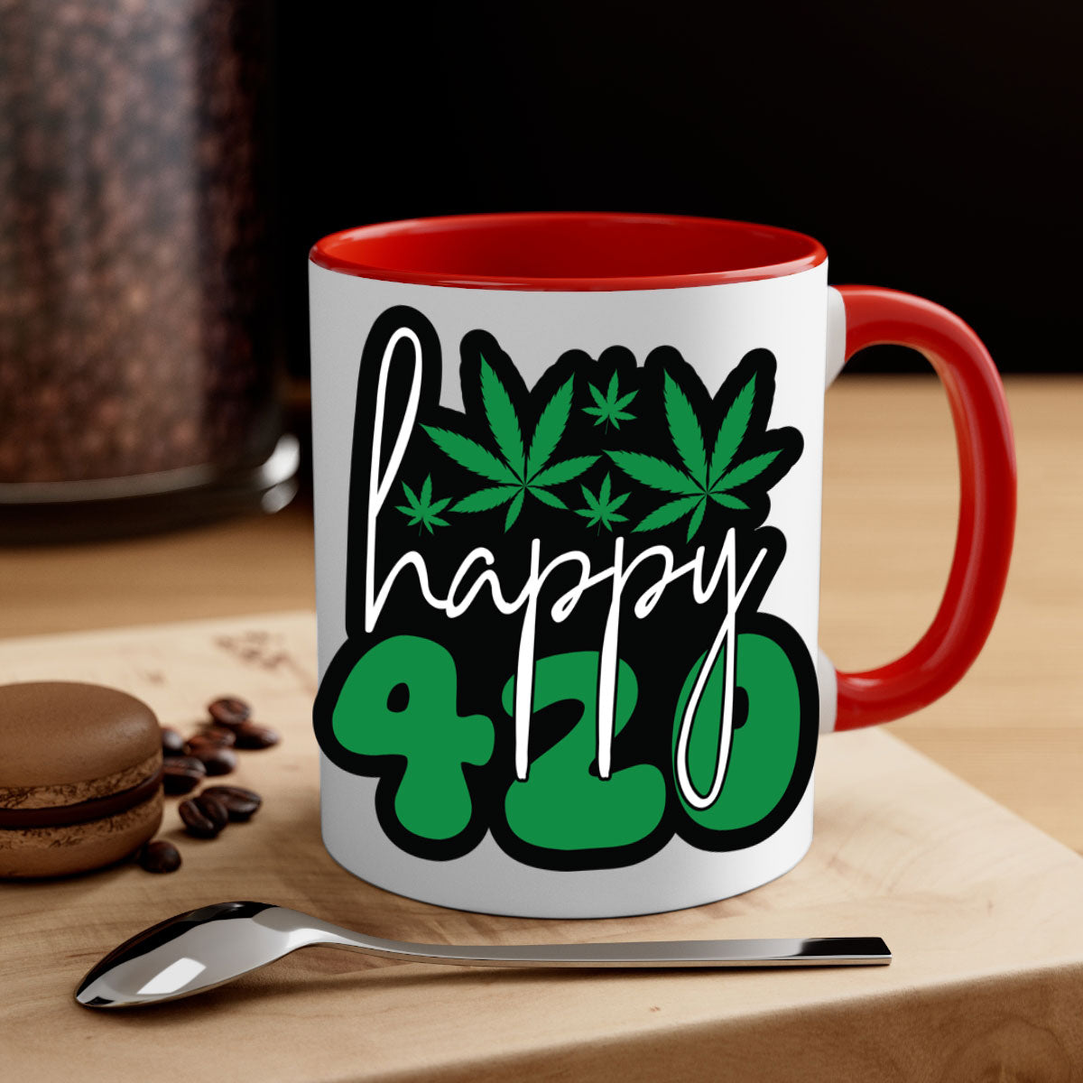 Happy 420 102# marijuana mug with colorful handle and glossy finish, available in multiple colors and sizes.