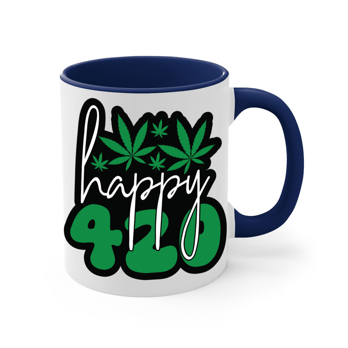 Happy 420 102# marijuana mug with colorful handle and glossy finish, available in multiple colors and sizes.
