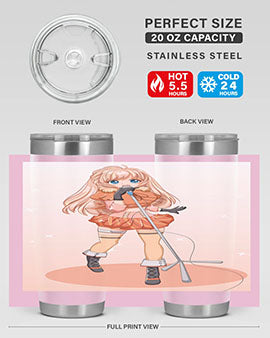 A stylish 20oz tumbler featuring a happy and beautiful singer woman holding a microphone, designed for optimal temperature retention.