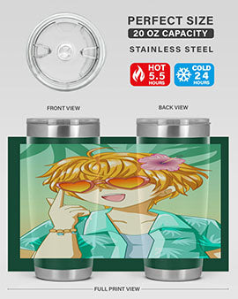 A happy and cute anime boy with glasses enjoying a sunny day at the beach, holding a colorful tumbler.