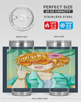 A happy and cute anime boy with glasses enjoying a sunny day at the beach, holding a colorful tumbler.