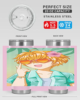 A happy and cute anime boy with glasses enjoying a sunny day at the beach, holding a colorful tumbler.