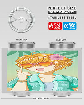 A happy and cute anime boy with glasses enjoying a sunny day at the beach, holding a colorful tumbler.