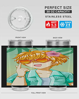 A happy and cute anime boy with glasses enjoying a sunny day at the beach, holding a colorful tumbler.