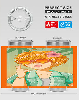 A happy and cute anime boy with glasses enjoying a sunny day at the beach, holding a colorful tumbler.