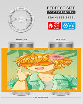 A happy and cute anime boy with glasses enjoying a sunny day at the beach, holding a colorful tumbler.