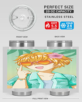 A happy and cute anime boy with glasses enjoying a sunny day at the beach, holding a colorful tumbler.