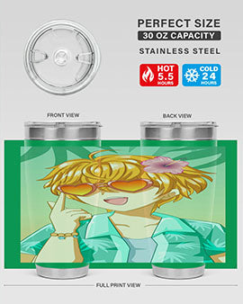 A happy and cute anime boy with glasses enjoying a sunny day at the beach, holding a colorful tumbler.