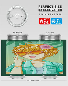 A happy and cute anime boy with glasses enjoying a sunny day at the beach, holding a colorful tumbler.