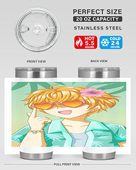 A happy and cute anime boy with glasses enjoying a sunny day at the beach, holding a colorful tumbler.