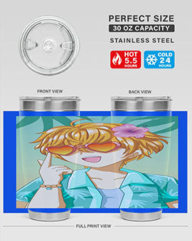 A happy and cute anime boy with glasses enjoying a sunny day at the beach, holding a colorful tumbler.